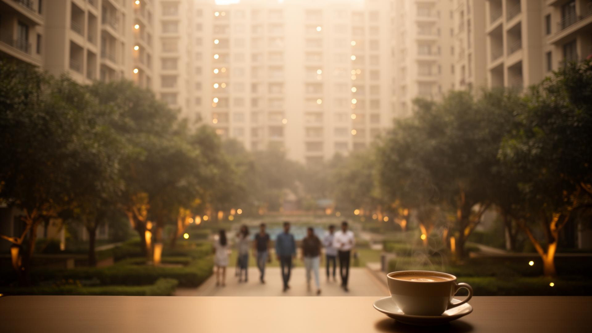 Residents walking through Amrapali Silicon City courtyard at golden hour
